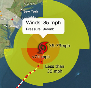 Understand Wind Risk shows 74mph winds for hurricanes in red, 39-73 mph winds in orange for Tropical Storm and less than 39 mph winds in yellow for tropical depression.